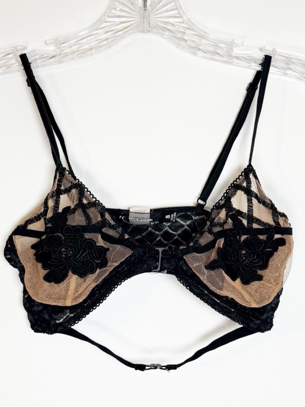 For Love and Lemons Black Lace Bralette with Tan Mesh, Strap at Bottom of Bust